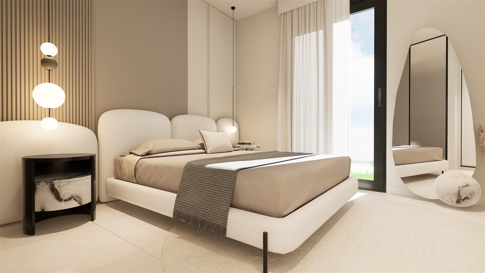 Zweites Schlafzimmer mit Doppelbett und Gartenblick